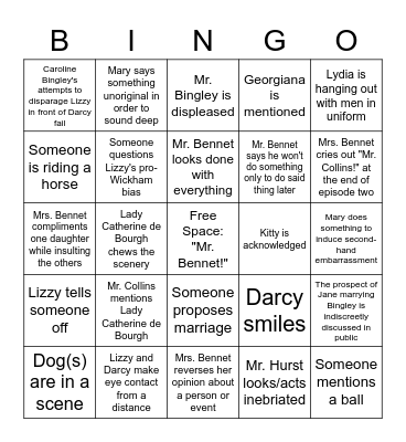 Pride and Prejudice 1995 miniseries BINGO Card