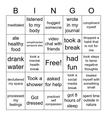 Self Care Bingo Card