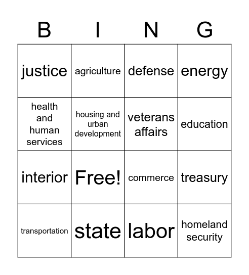 executive departments bingo minus the o Bingo Card