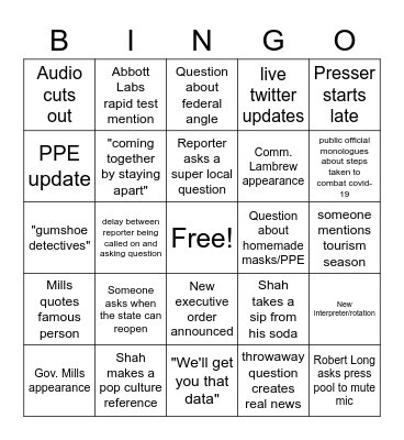 Maine COVID-19 CDC press conference bingo Card