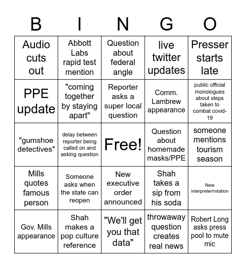 Maine COVID-19 CDC press conference bingo Card