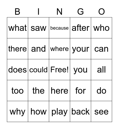 Sight Words Bingo Card