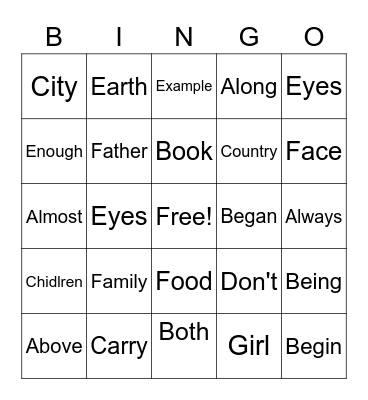 Word Bingo Card