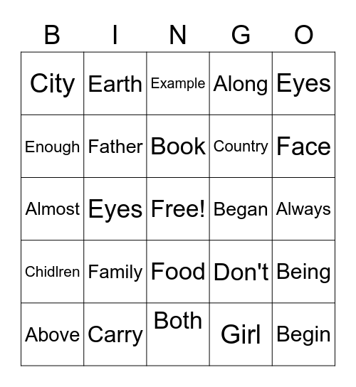 Word Bingo Card