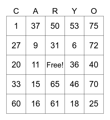 CARY OIL FAMILY BINGO Card