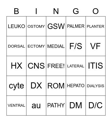 MEDICAL TERMINOLOGY Bingo Card