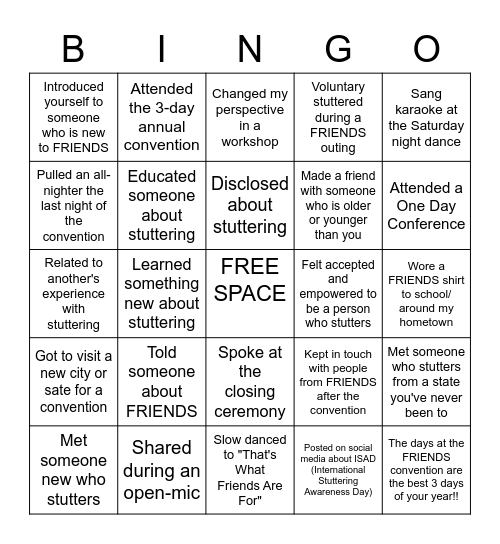 "If you stutter, you have FRIENDS" Bingo Card