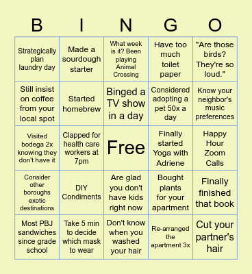 NYC Quarantine Bingo Card