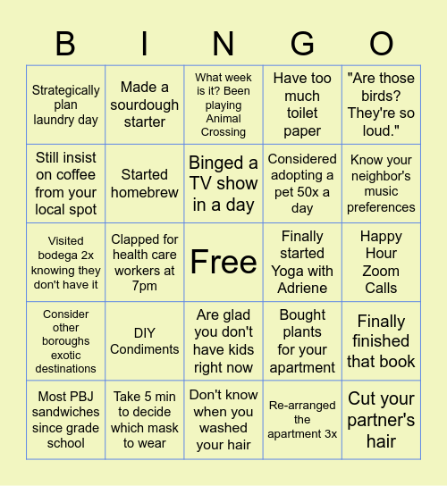 NYC Quarantine Bingo Card
