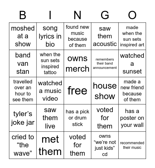 when the sun sets Bingo Card