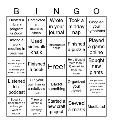 Quarantine Bingo Card