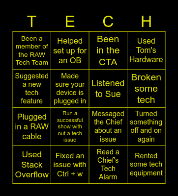 RAW Tech Bingo Card