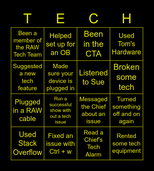 RAW Tech Bingo Card