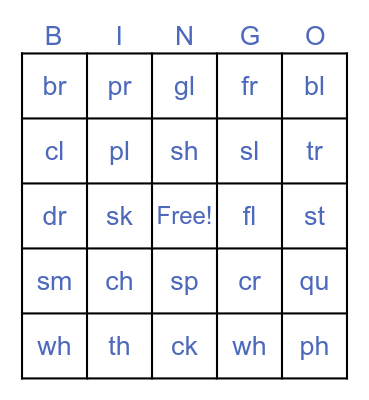 Phonics/ Digraphs Bingo Card