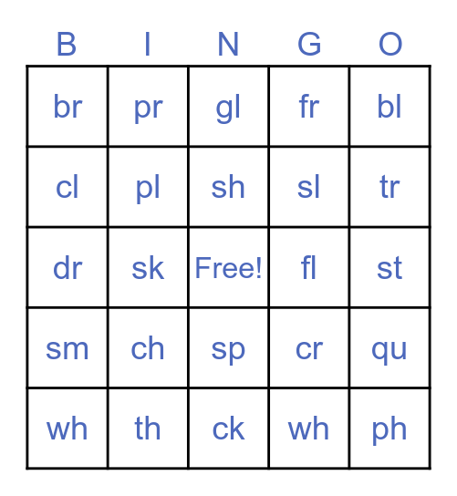 Phonics/ Digraphs Bingo Card