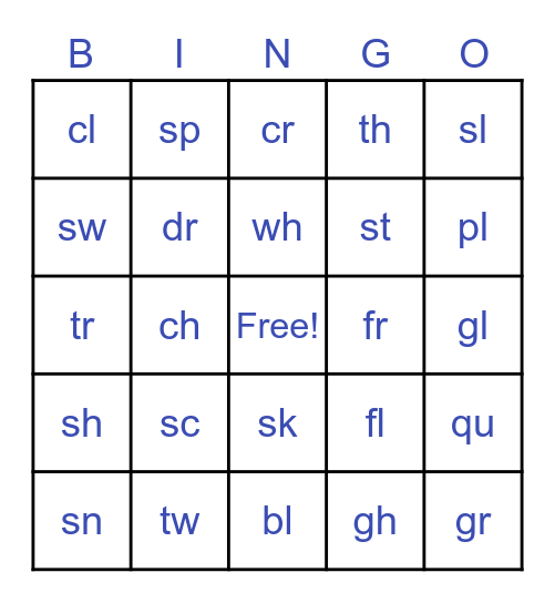 Consonant Digraphs Bingo Card