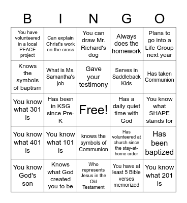 KSG 401 Bingo Card