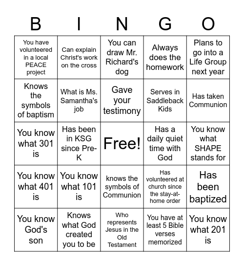KSG 401 Bingo Card