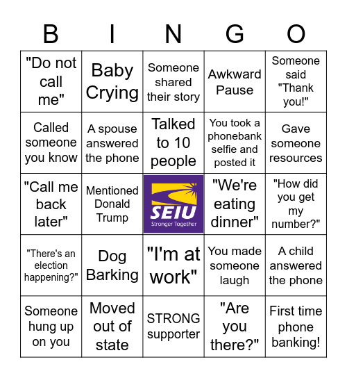 SEIU Local 503 Phone Bank Bingo Card