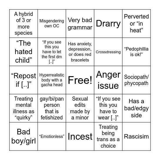 Gacha Cringe Bingo Card