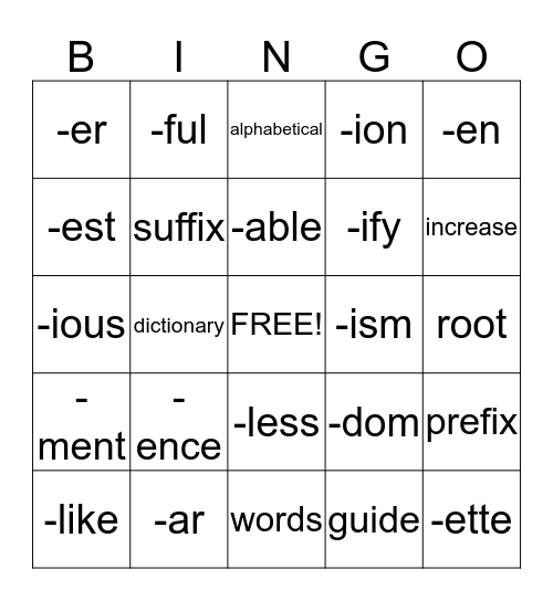 Language Arts Bingo Card