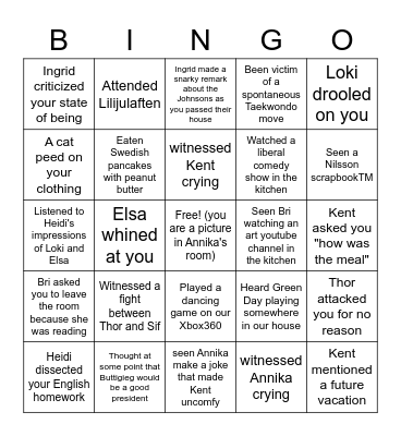 Nilsson Family Bingo Card