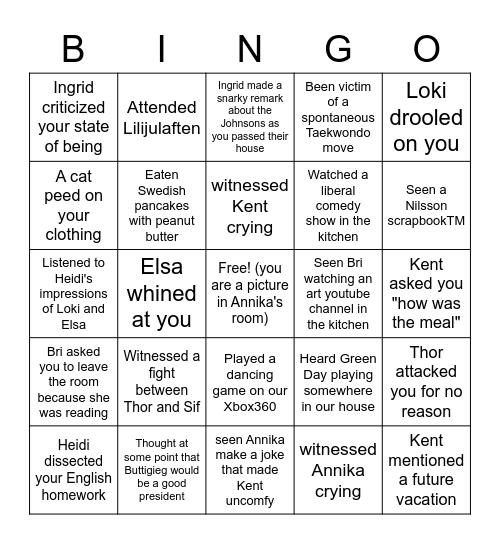 Nilsson Family Bingo Card