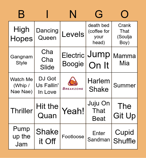 Breakzone Music Bingo - Dance Songs Bingo Card