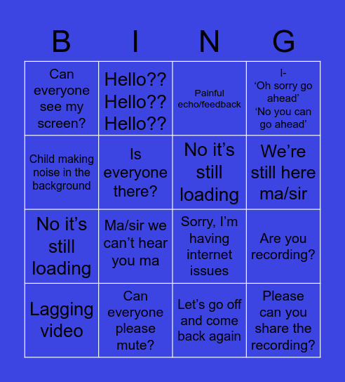 PAU MSc Zoom Class Edition Bingo Card