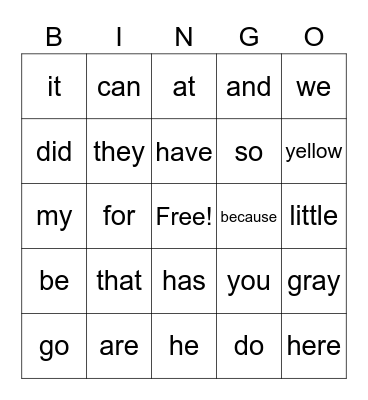 Sight Words Bingo Card
