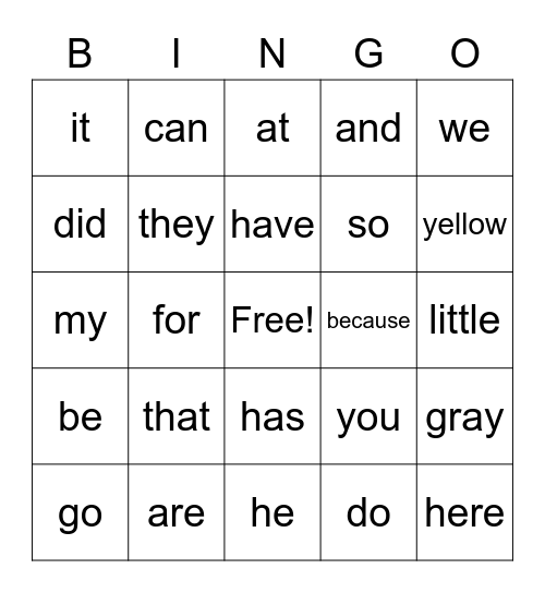 Sight Words Bingo Card