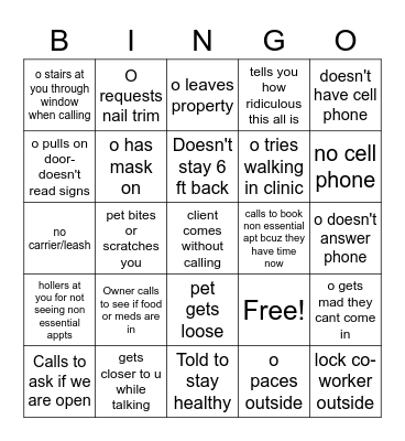 Covid-19 Veterinary Curbside Bingo Card