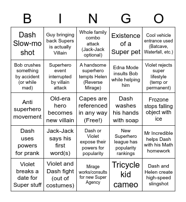 Incredibles 2 Bingo Card