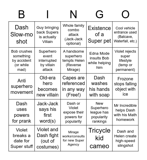 Incredibles 2 Bingo Card