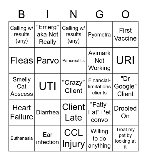 Veterinary Bingo Card