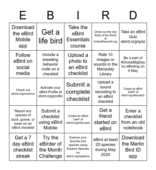 eBird May 2020 bingo Card