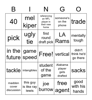 2020 NFL Draft with Jeff Bingo Card