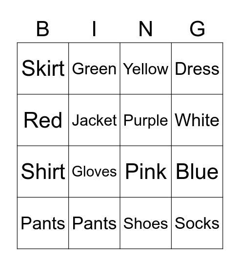 Clothes and Colors Bingo Card