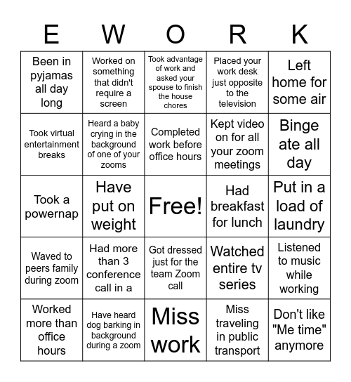 E-Work Bingo Card