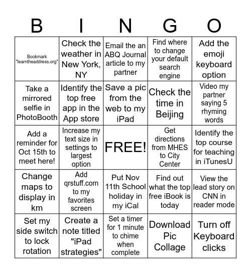 iPad Bingo! Bingo Card