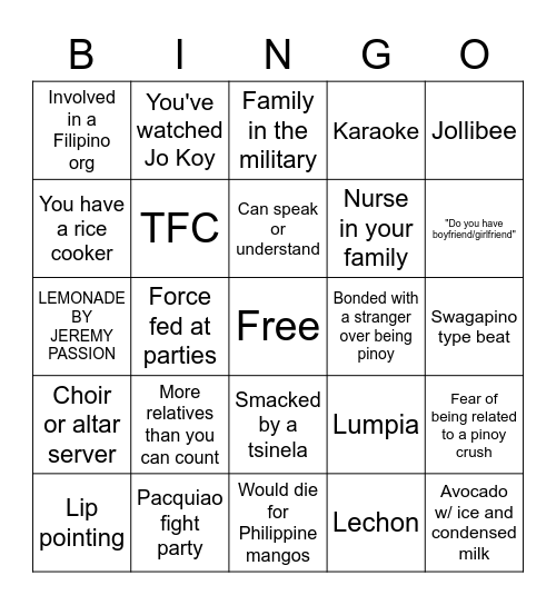 Filipino Bingo Card