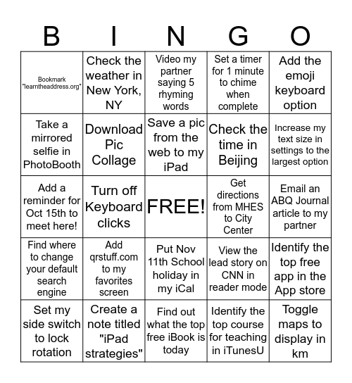 iPad Bingo! Bingo Card