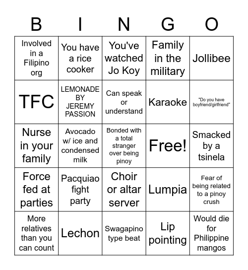 Filipino Bingo Card