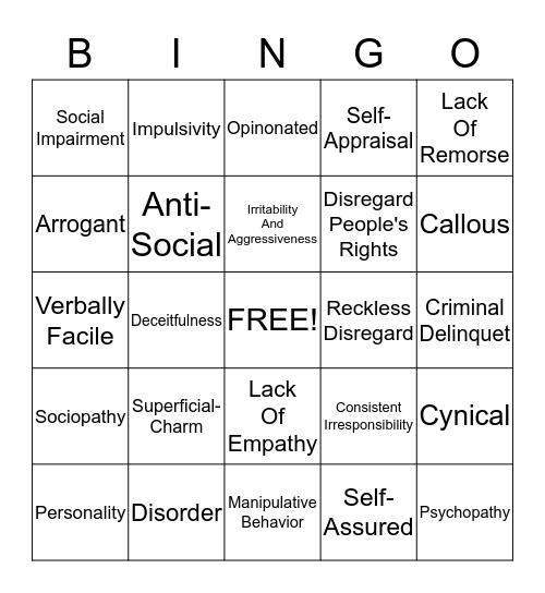 Anti-Social Personality Disorder Bingo Card