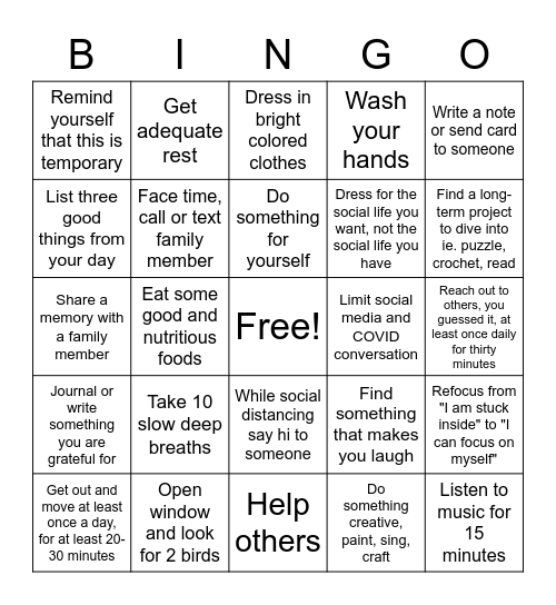 Self Care BINGO Card