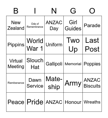 ANZAC Day Bingo Card