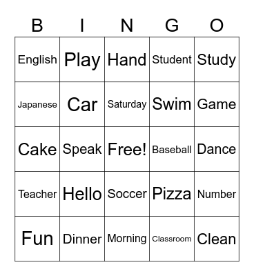 English Bingo Card