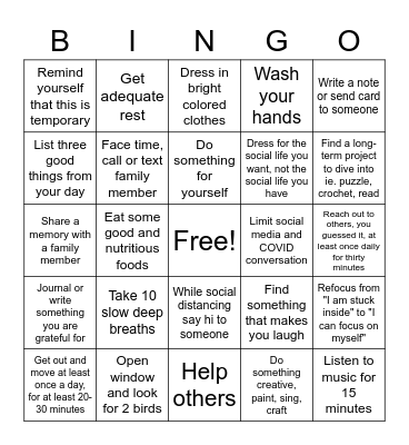 Self Care BINGO Card