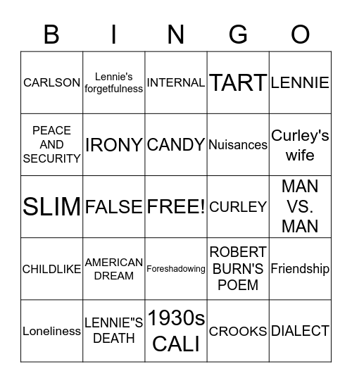 OF MICE AND MEN BINGO Card