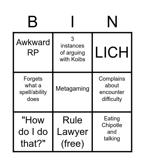 Devin DND Bingo Card